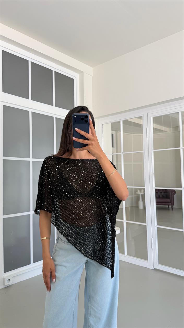 Siyah Pullu Asimetrik Yaka Triko Bluz GAUS-01700