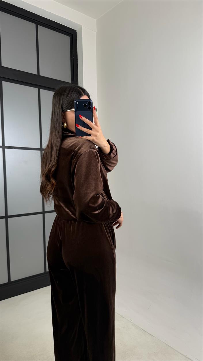 Kahve Çıtçıt Düğmeli Astarlı Ceket Beli Lastikli Pantolon Kadife Takım GAUS-00921