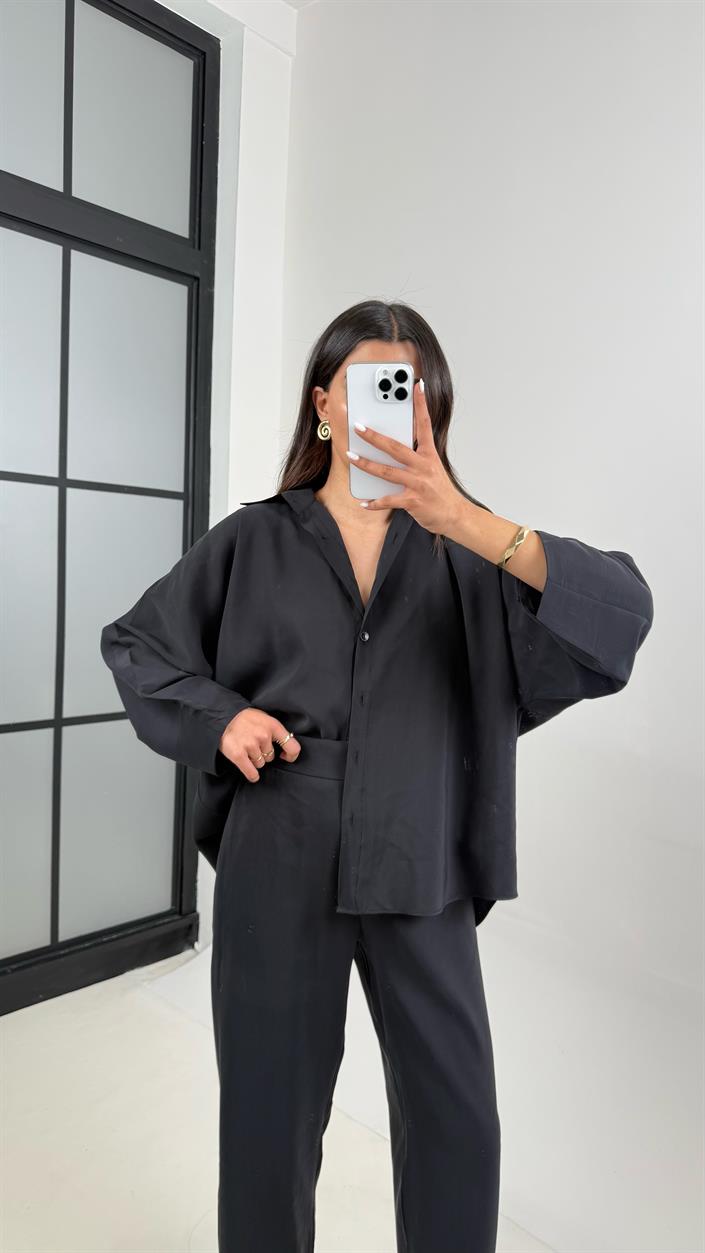 Siyah Önü Düğmeli Gömlek Beli Lastikli Cepli Pantolon MD Muadil Tencel Takım TNCL01 Gaus00390