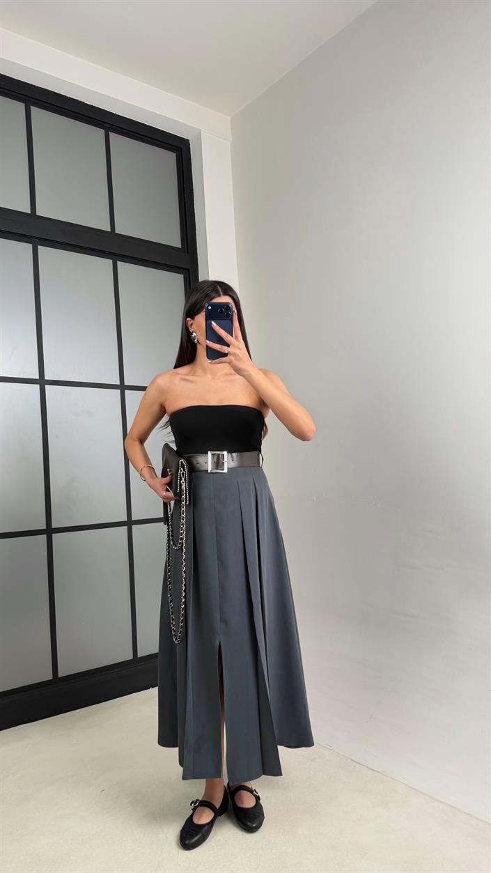 Antrasit Deri Kemerli Yırtmaçlı Tencel Etek GAUS-01088