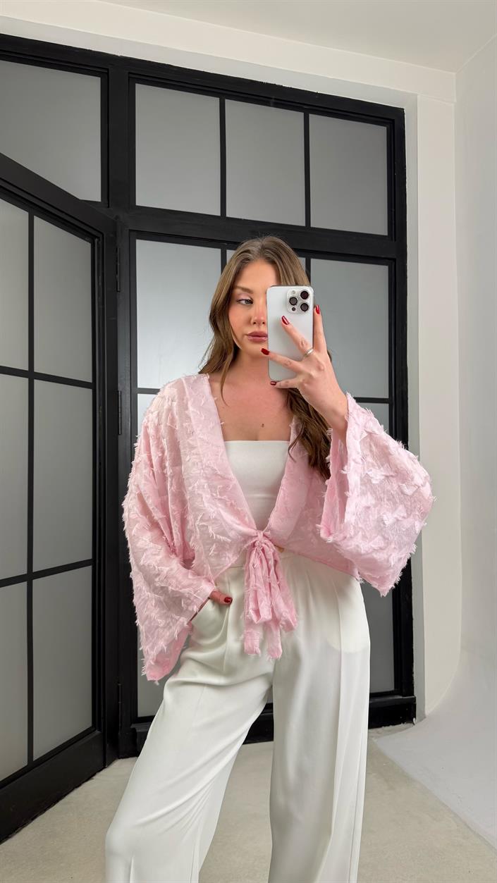 Pembe Püsküllü Bağlama Detaylı Kimono GAUS-01277