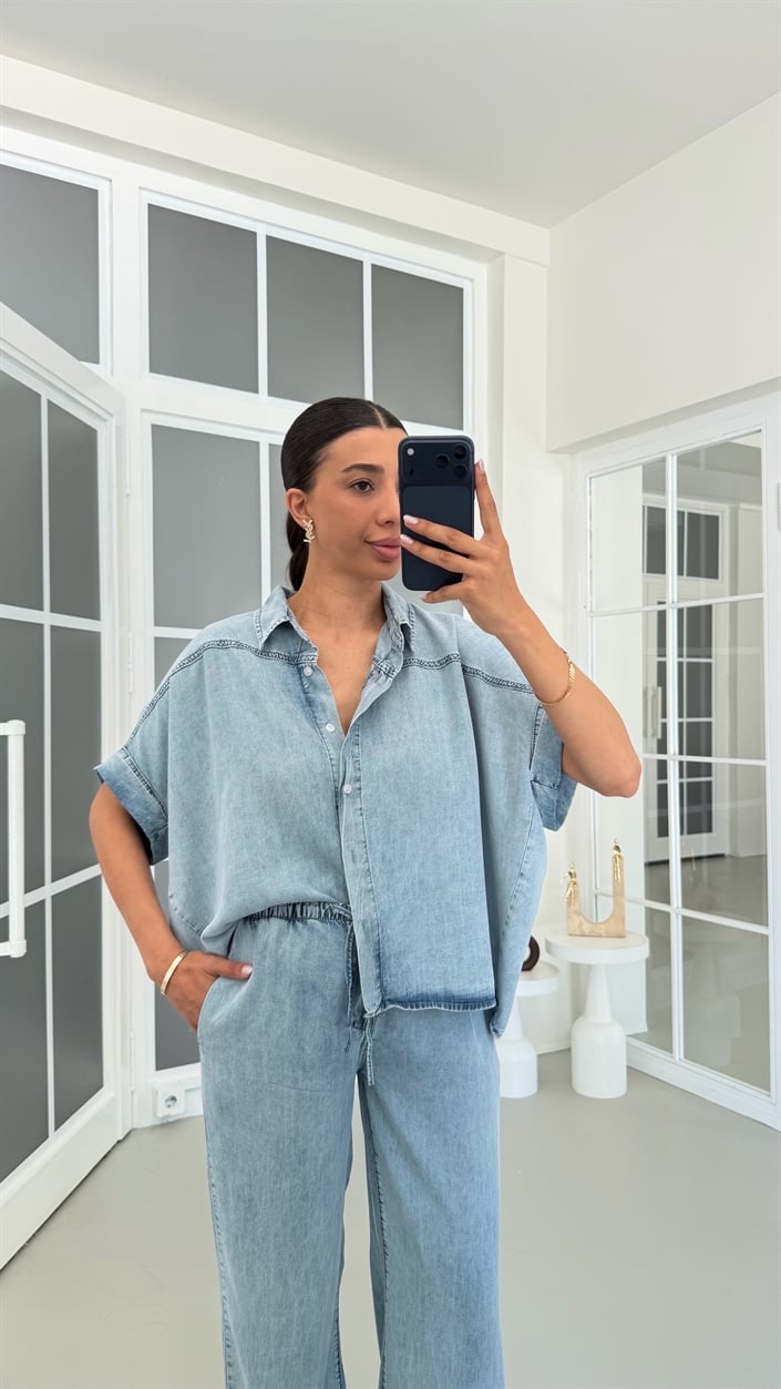Mavi Gömlek Ayarlanabilir Pantolon İkili Tencel Denim Takım GAUS-01771
