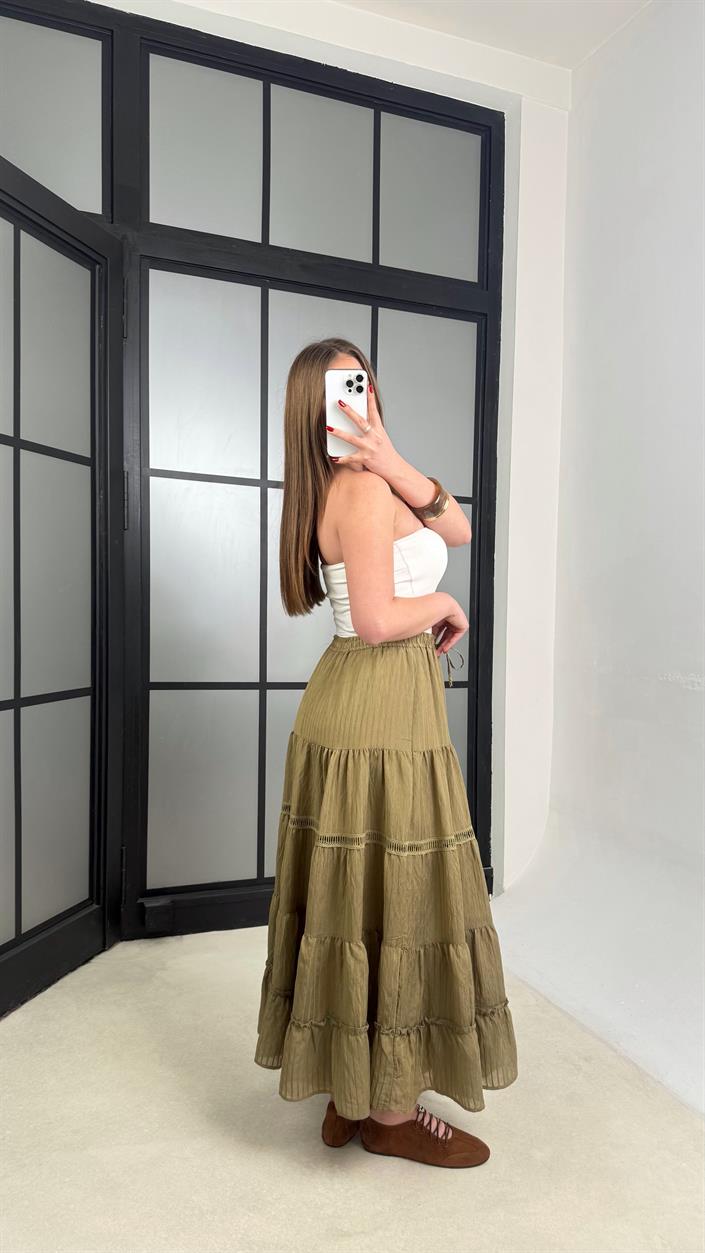 Yeşil Beli Lastikli Nakış Detaylı Astarlı Etek GAUS-01242