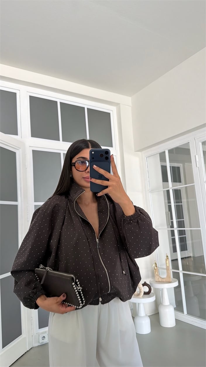 Kahve Astarlı Taşlı Tasarım Bomber Ceket GAUS-01898