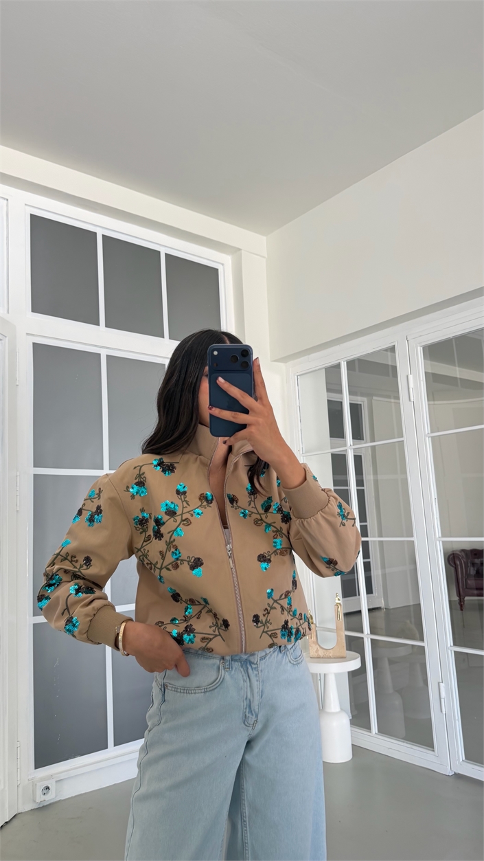 Camel Payet Nakışlı Astarlı Bomber Ceket GAUS-01934