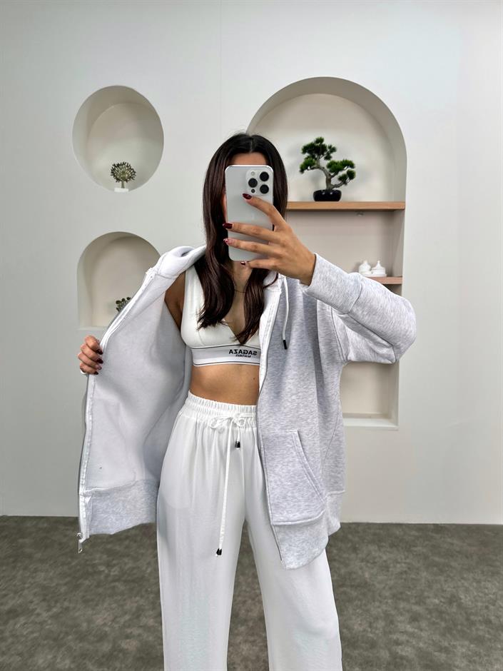 Khloe Gri Üç İplik Şardonlu Kapüşonlu Fermuarlı Sweatshirt