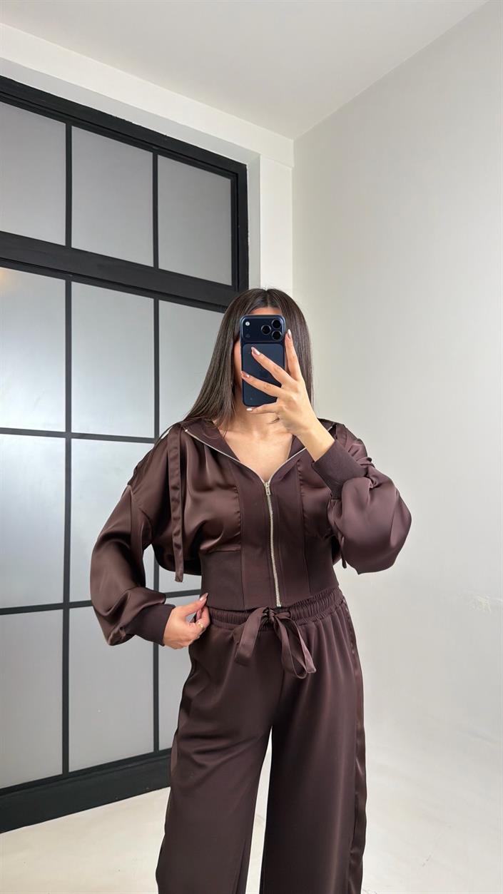 Acı Kahve Saten Detaylı Hırka Beli Lastikli Pantolon Tasarım Takım GAUS-01096
