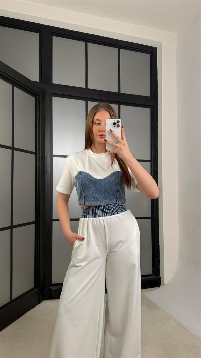 Beyaz Denim Detaylı Crop Beli Lastikli Pantolon Premium Takım GAUS-01273