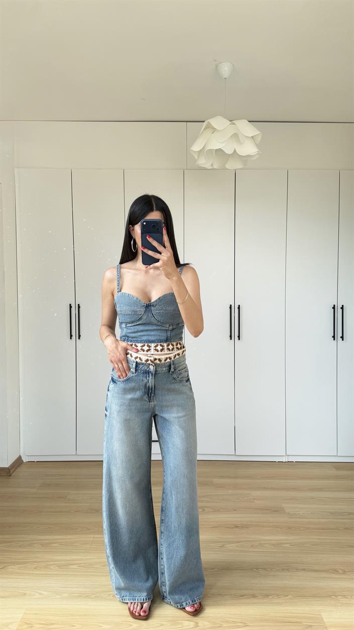 Mavi Nakış Detaylı Crop Pantolon İkili Denim Takım GAUS-01596