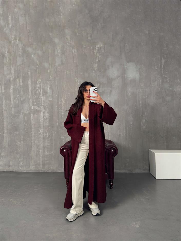 Nivera Bordo Oversize Premium Uzun Hırka