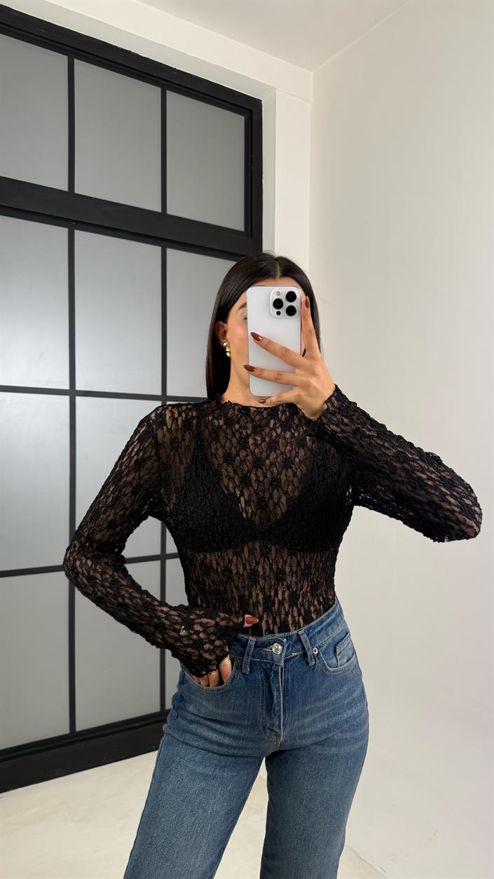 Siyah Dantelli Transparan Uzun Kol Bluz GAUS-00172
