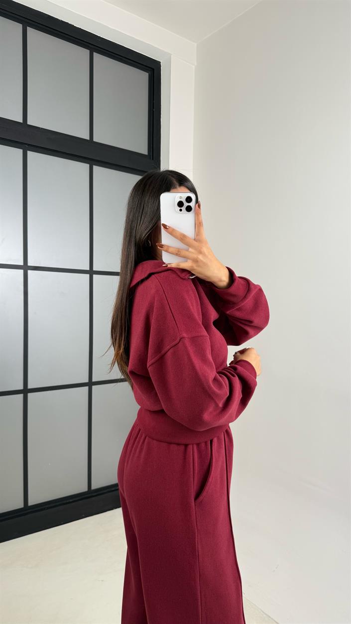 Bordo Selanik Tshirtlü 3Lü Örme Takım GAUS-00154
