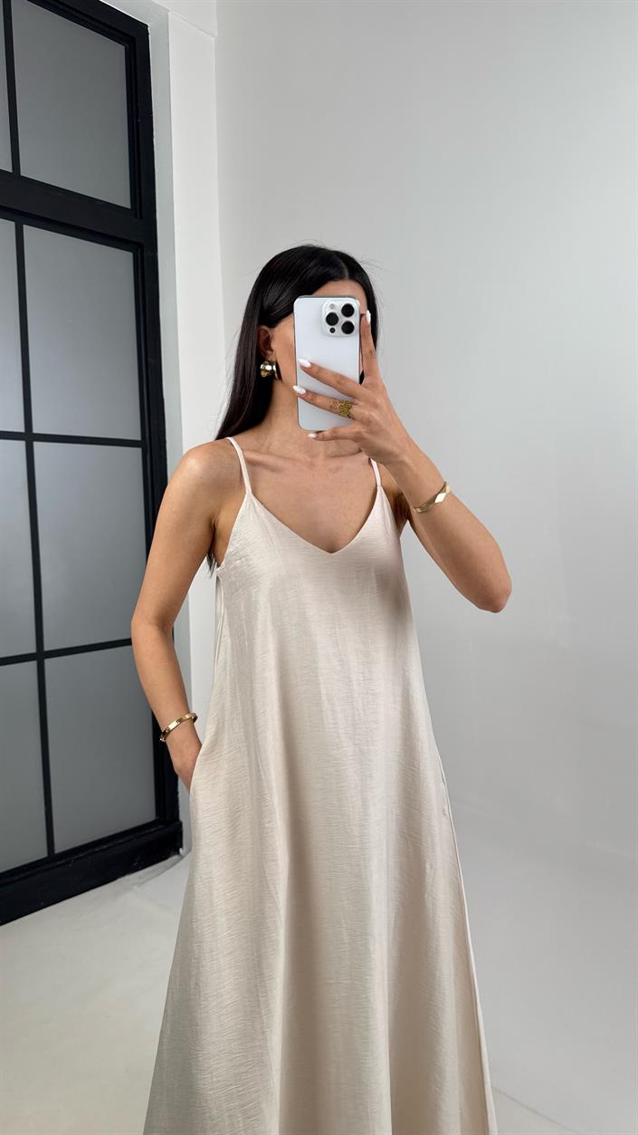 Taş Askılı Astarlı Cepli Tencel Elbise Gaus00449