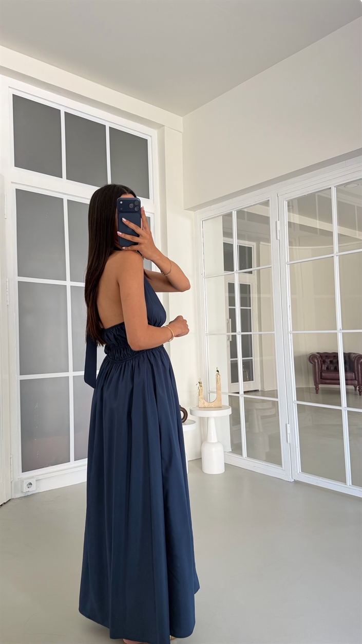 Lacivert Boyundan Bağlamalı Beli Lastikli Toka Detaylı Cepli Tencel Elbise GAUS-01798