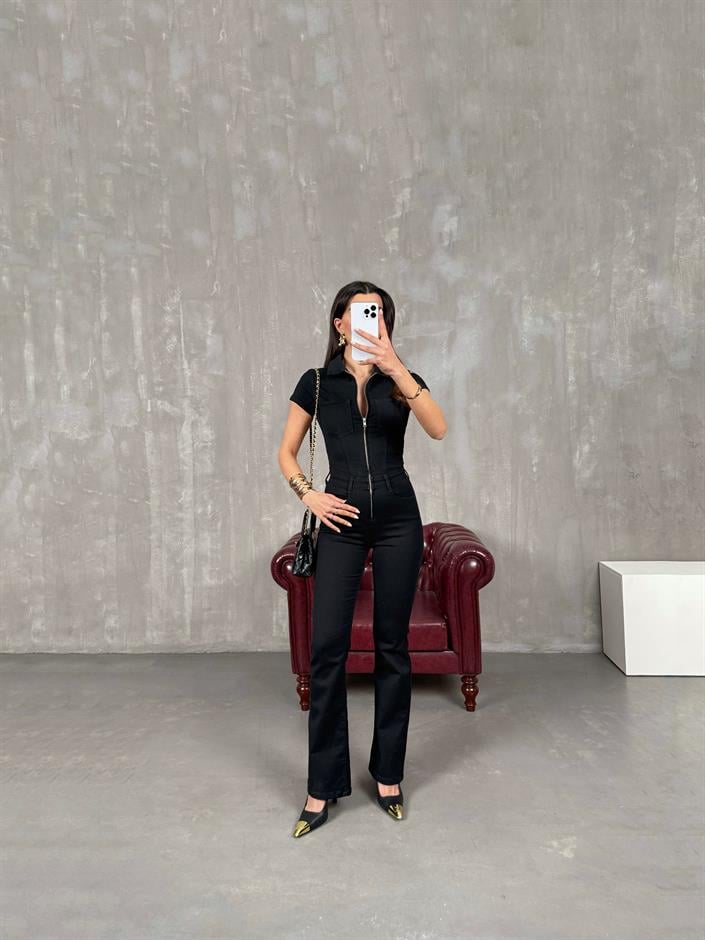 Milen Siyah Fermuarlı Gabardin Tulum