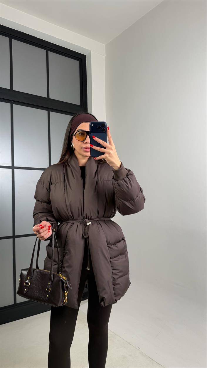 Acı Kahve Astarlı Cep Detaylı Kuşaklı Şişme Mont GAUS-00879