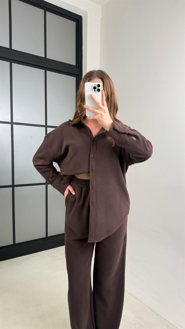 Kahve Gömlek Beli Lastikli Pantolon MD Muadil Selanik Kumaş Takım GAUS-00938