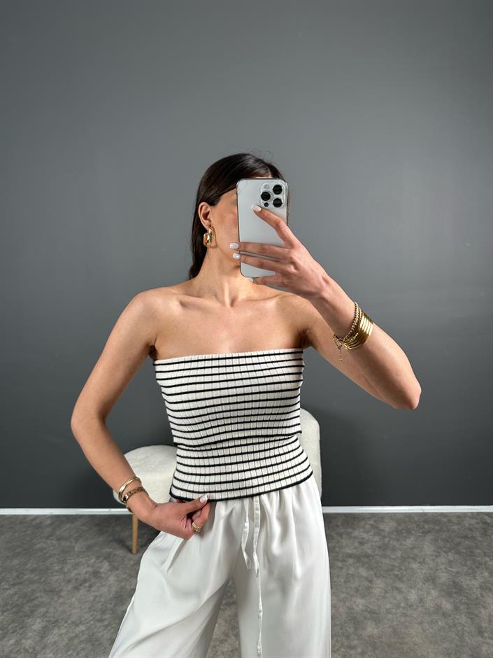 Çizgili Triko Crop Straplez 