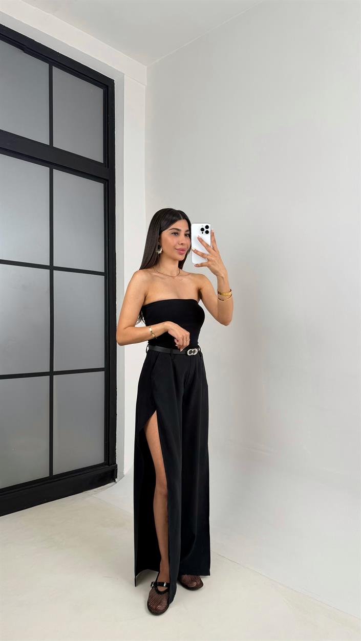 Siyah Yan Yırtmaçlı Kemerli Tencel Pantolon Gaus00639