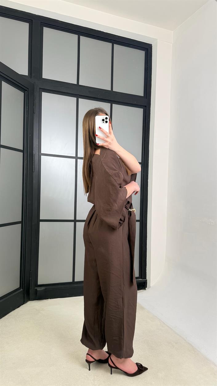 Kahve Gold Toka Detaylı Bluz Şalvar Pantolon İkli Tasarım Takım GAUS-01271