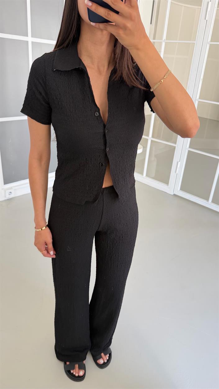 Siyah Crop Bluz Beli Lastikli Pantolon Bürümcük Takım GAUS-01555