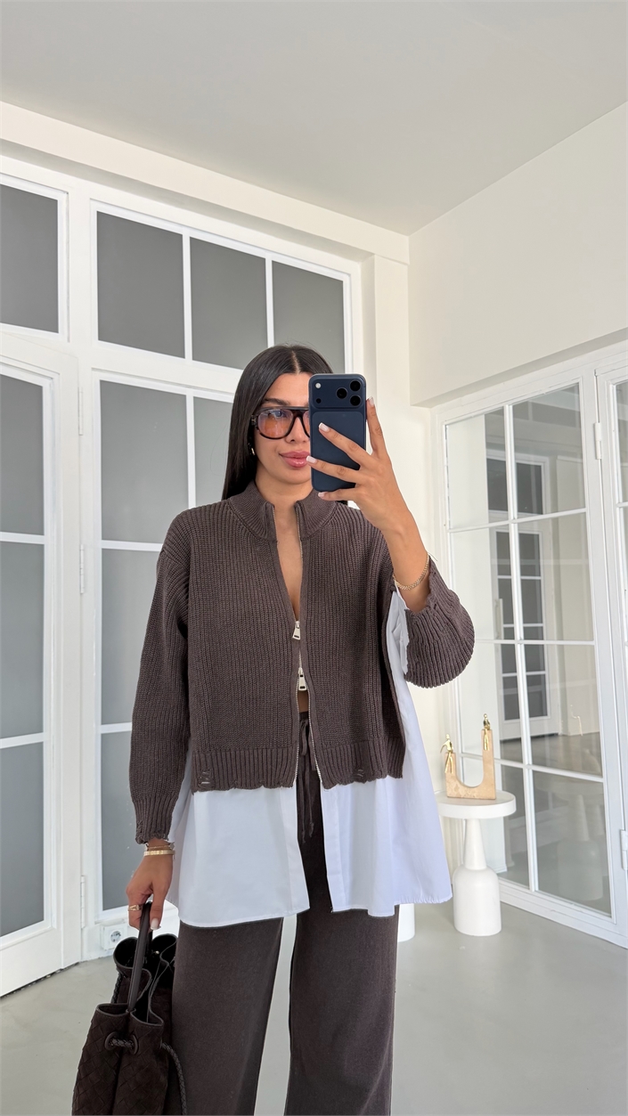 Kahve Gömlek Detaylı Örme Hırka Beli Lastikli Cepli Pantolon İkili Triko Takım GAUS-02132