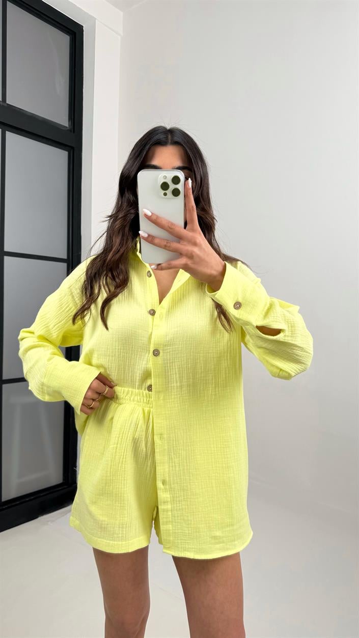 Sarı Önü Düğmeli Gömlek Beli Lastikli Cepli Şort Müslin Takım Gaus00343