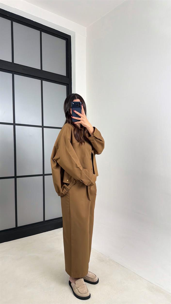 Yağ Yeşili Gömlek Beli Lastikli Pantolon İthal Kumaş Takım GAUS-00799