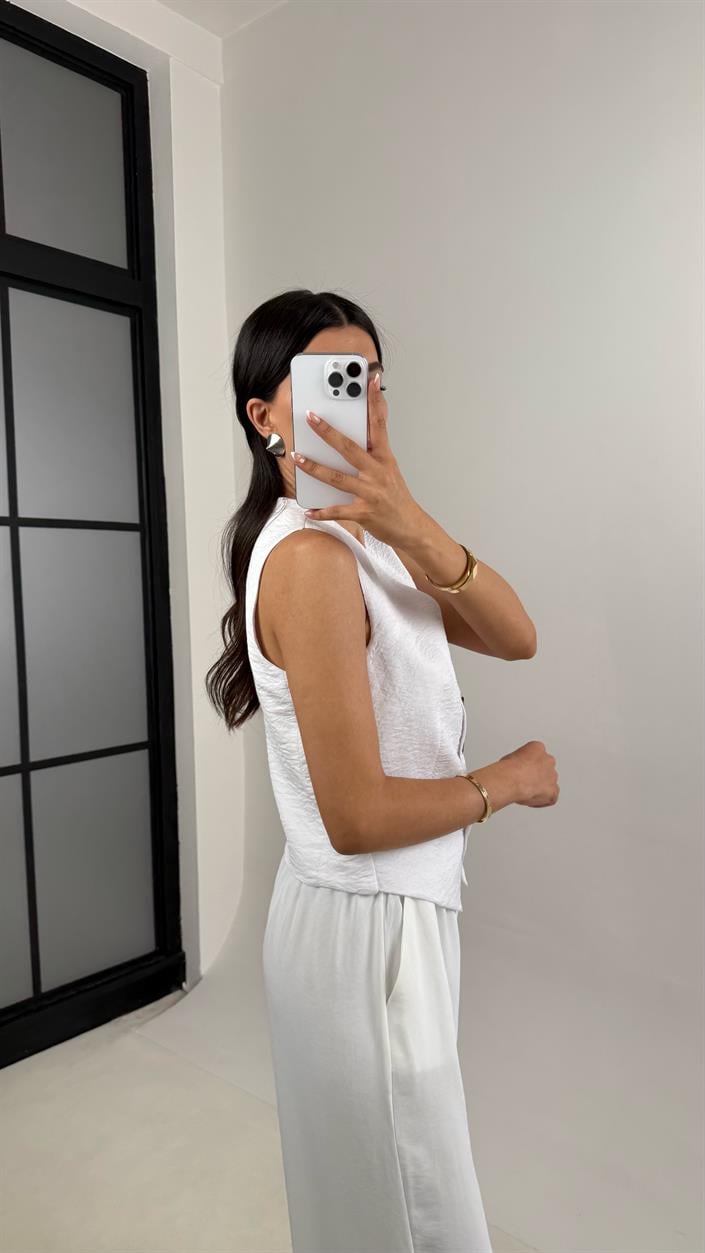 Beyaz Astarlı Kırışık Kumaş Yelek Gaus00539