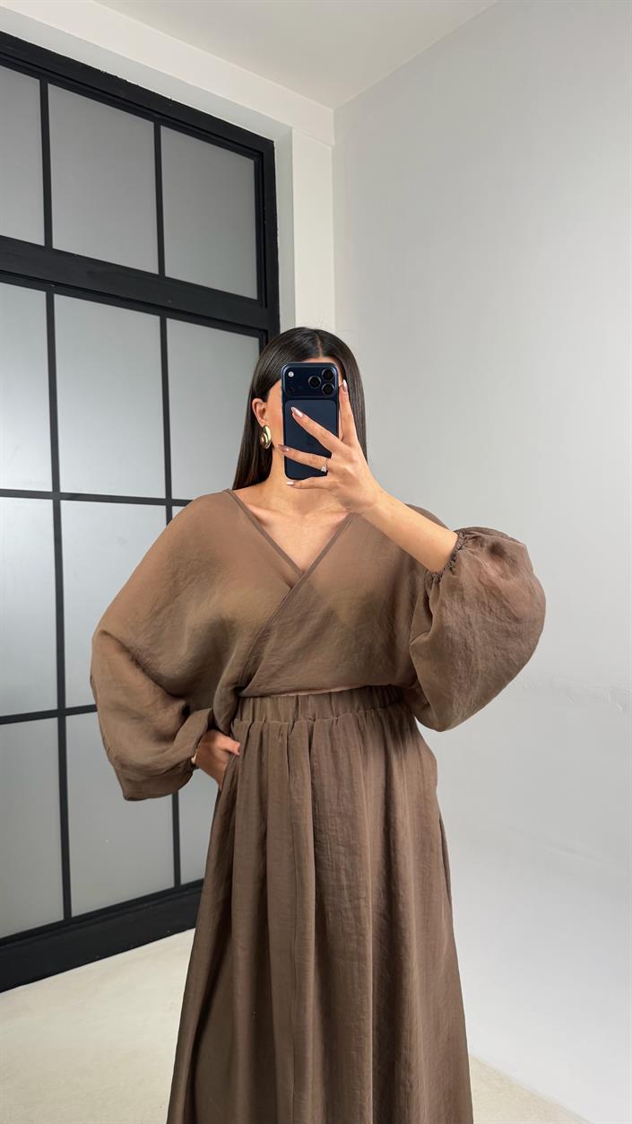 Kahve Transparan Üst Beli Lastikli Astarlı Etek Takım GAUS-01111