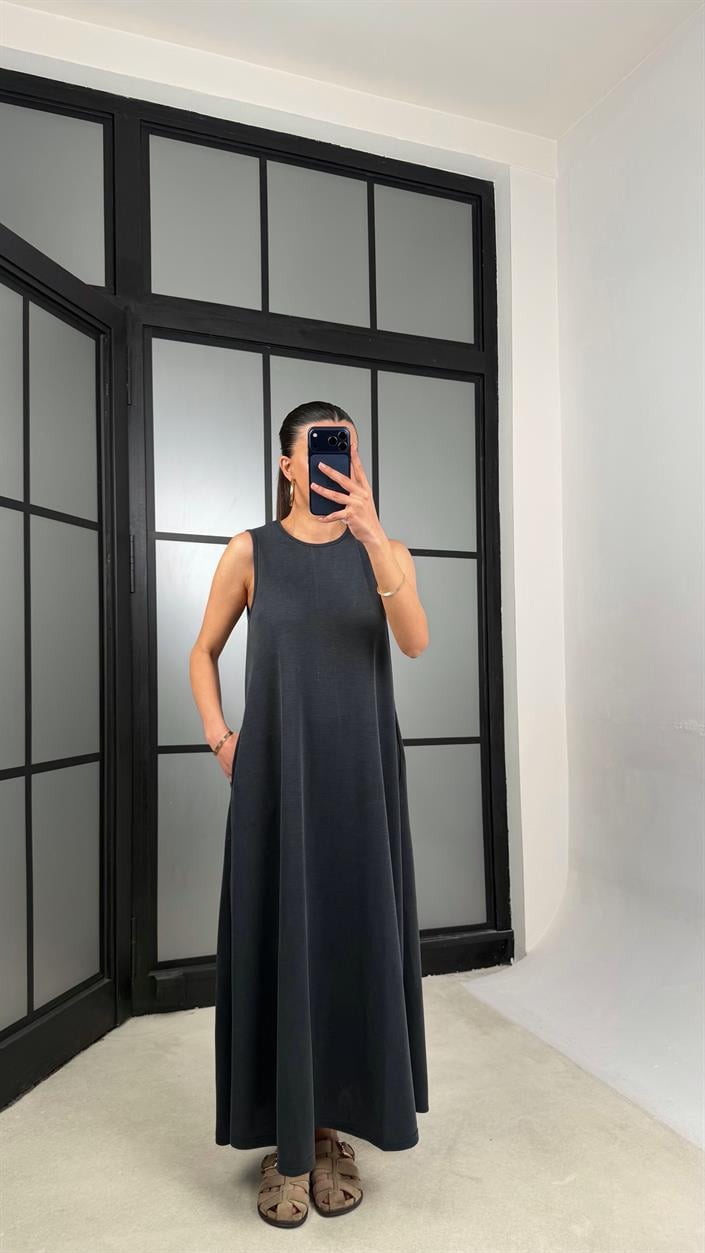 Füme Sıfır Kol Basic Modal Kumaş Elbise GAUS-01329