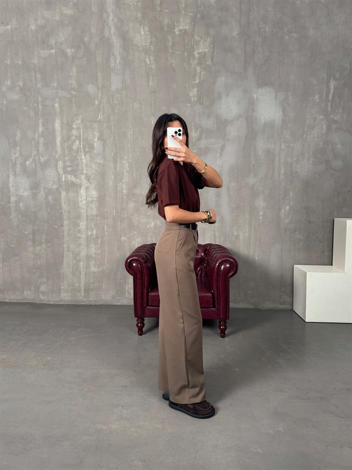 Mocha Kahve Kemer Detaylı Palazzo Pantolon