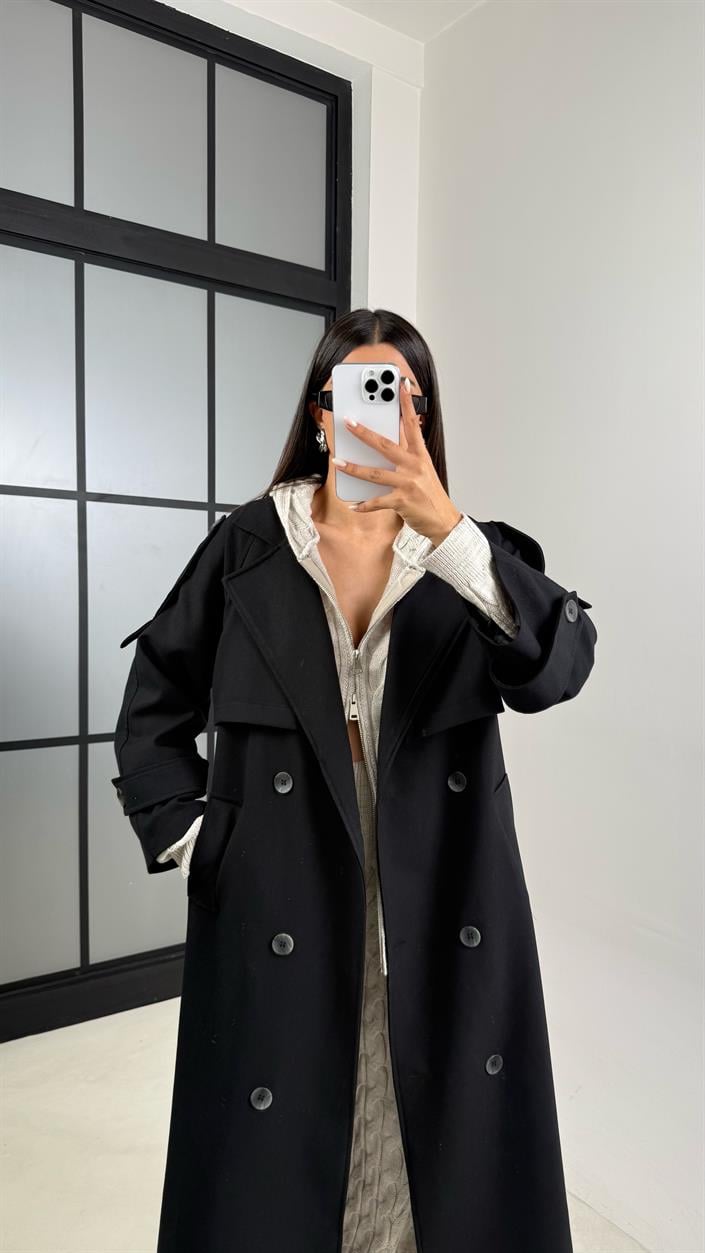 Siyah Astarlı Kuşaklı Premium Trençkot GAUS-00516