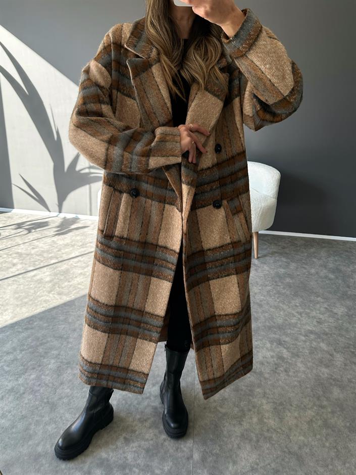 Premium Kahve Ekose Astarlı Uzun Kaban