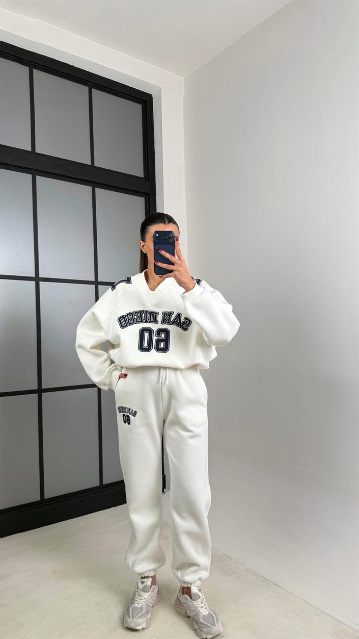 Beyaz ZR Model Baskılı Şardonlu Sweatshirt Eşofman Takım GAUS-00751