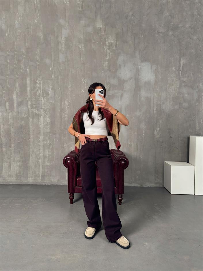 Targi Bordo Yüksek Bel Wide Leg Jean