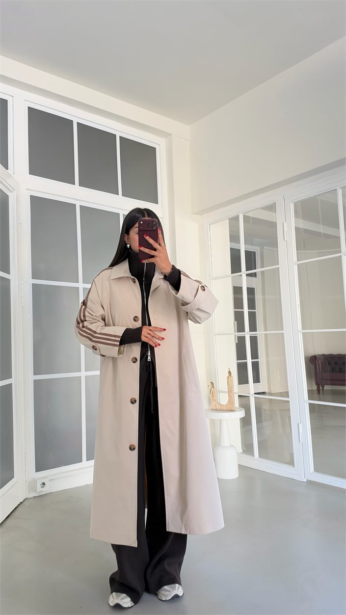 Taş Kol Şeritli Astarlı Trençkot GAUS-02245