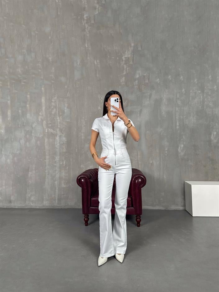 Milen Beyaz Fermuarlı Gabardin Tulum