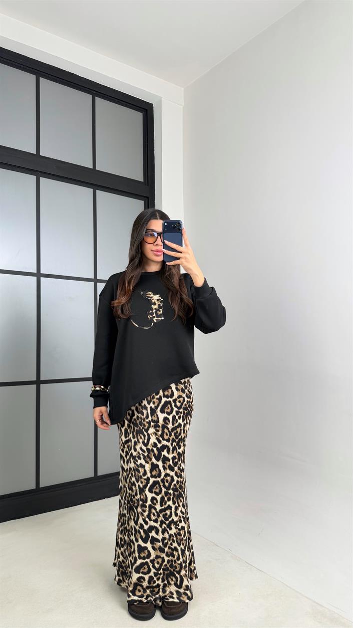 Siyah Kahve Leopar Desenli Bluz Etek İkili Saten Takım GAUS-00903