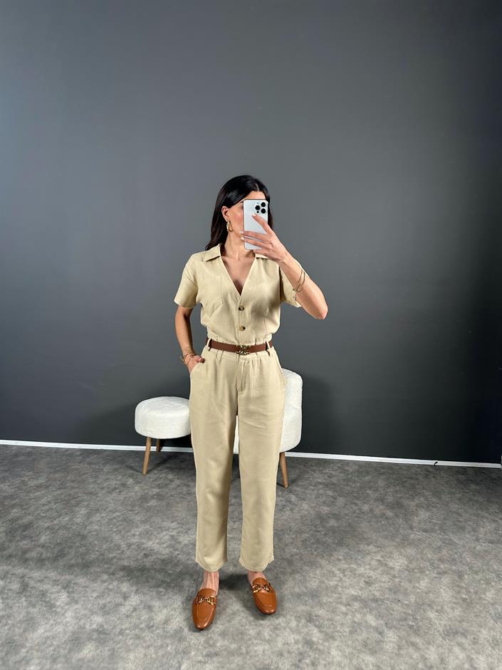 Holi Bej Arkası Lastikli Premium Keten Tulum 