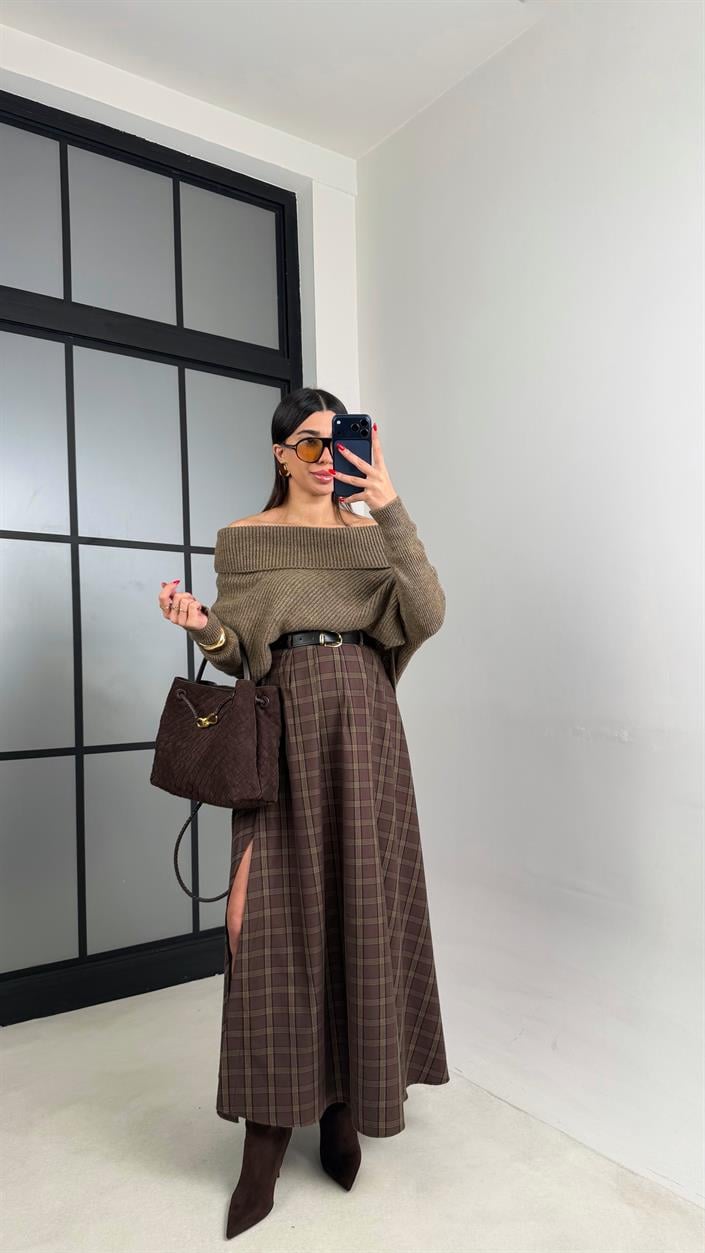 Yeşil Kahve Yırtmaçlı Kemerli Ekose Desenli Etek GAUS-01065