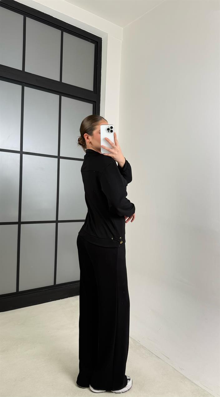 Siyah Cep Detaylı Hırka Beli Lastikli Pantolon Modal Takım GAUS-00620