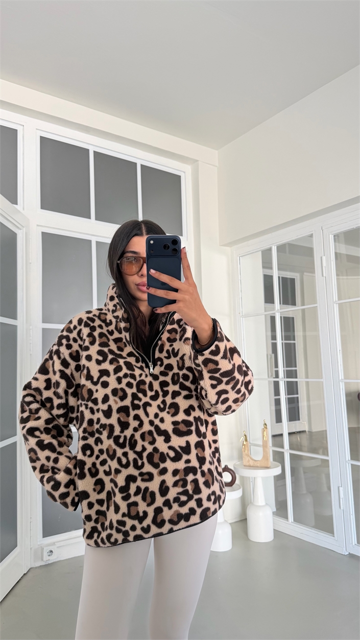 Leopar Desenli Yarım Fermuarlı Polar Sweatshirt GAUS-01916 GAUS-01925