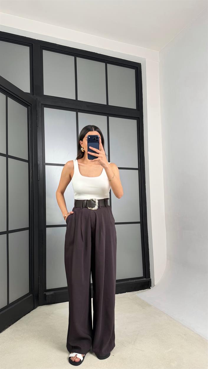 Kahve Kemerli Geniş Paça Pantolon GAUS-01339