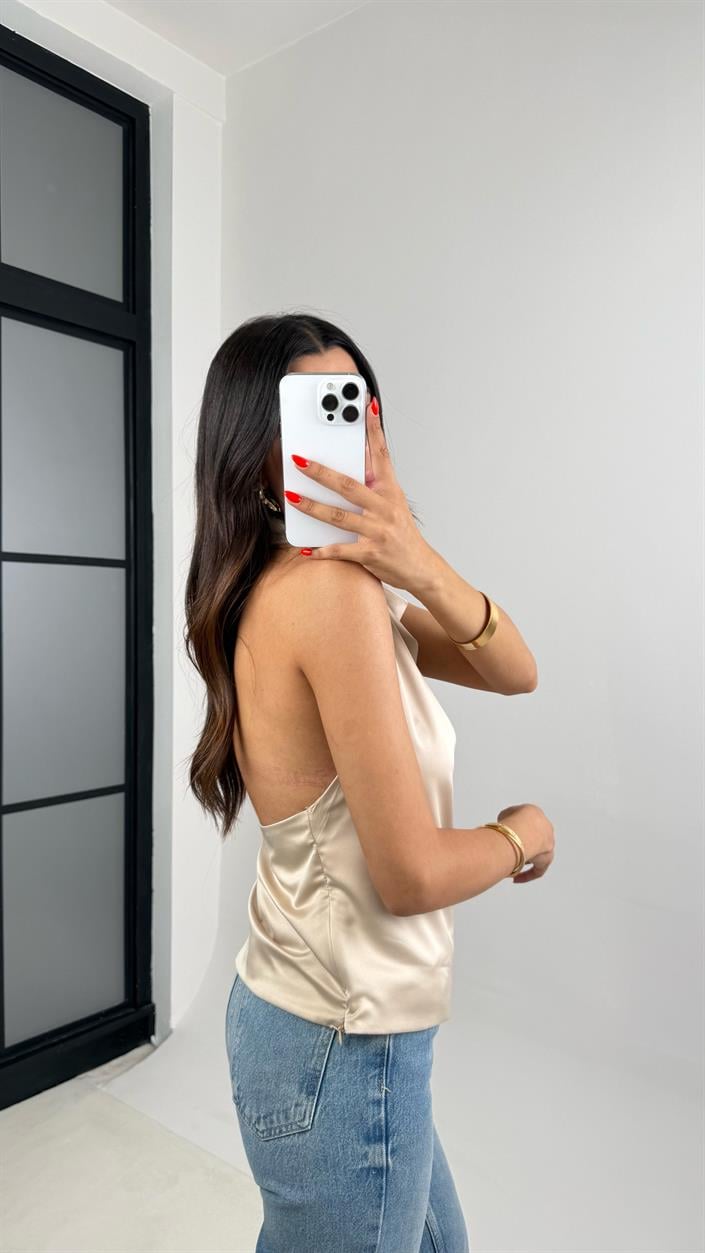 Taş Boyundan Bağlamalı Sırt Dekolteli Saten Bluz GAUS-008