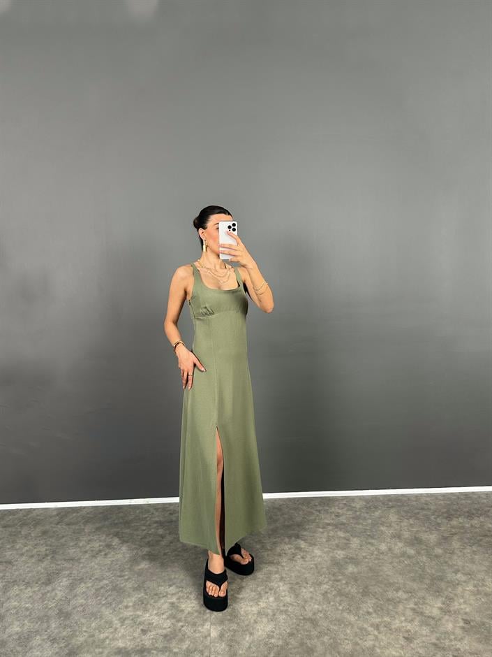 Uxor Haki Askılı Yırtmaçlı Uzun ZR Model Keten Elbise