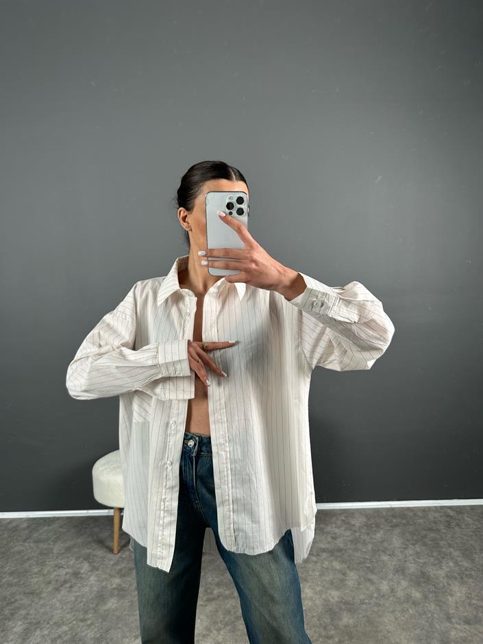 Purcey Premium Bej Çizgili Oversize Gömlek