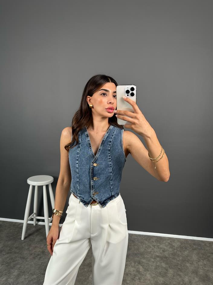 Minda Denim V Yaka Crop Yelek 