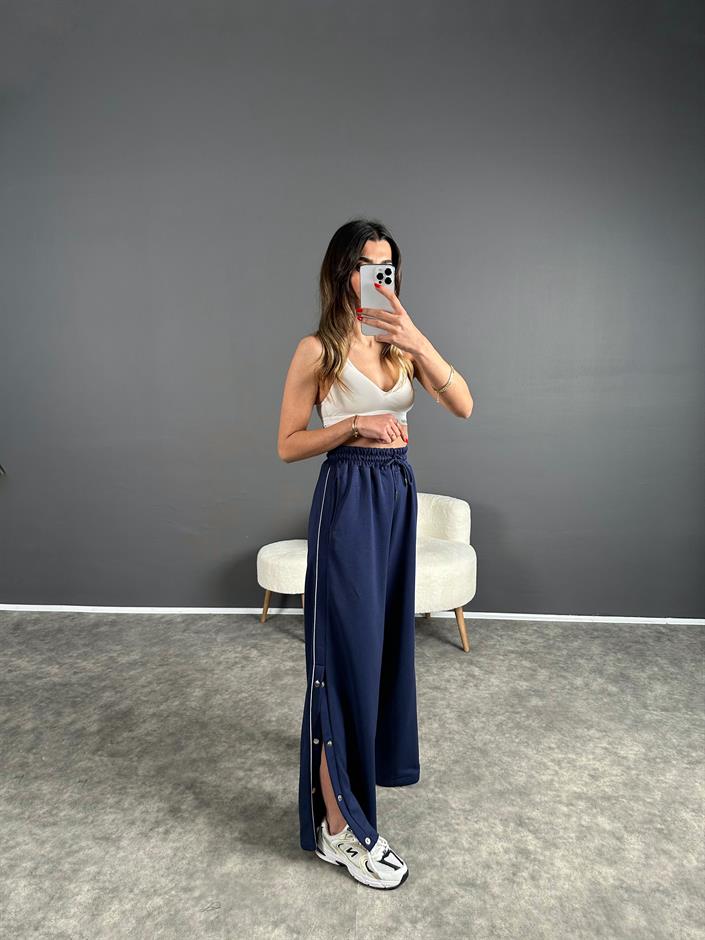 Lacivert Şeritli Çıtçıt Düğmeli Eşofman Altı