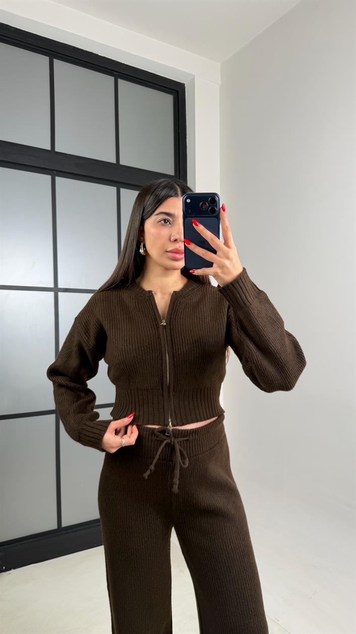 Acı Kahve Çift Fermuarlı Hırka Pantolon Triko Takım GAUS-00951
